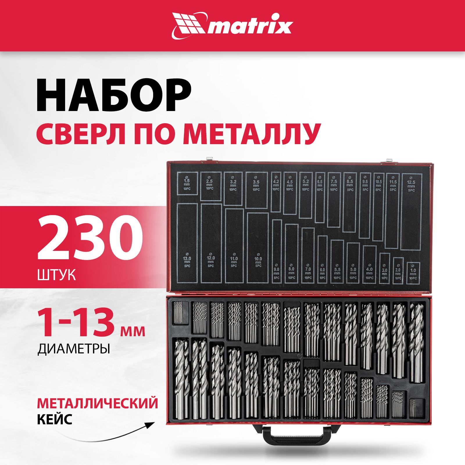 НаборсверлпометаллуMATRIX,230штук,1-13мм,закаленнаябыстрорежущаястальHSS,отполированнаяповерхность,цилиндрическиехвостовики,металлическийКЕЙС,723230