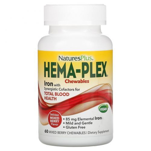 Natures Plus, Hema-Plex, Железо, 60 жевательных таблеток (Ягодный микс)