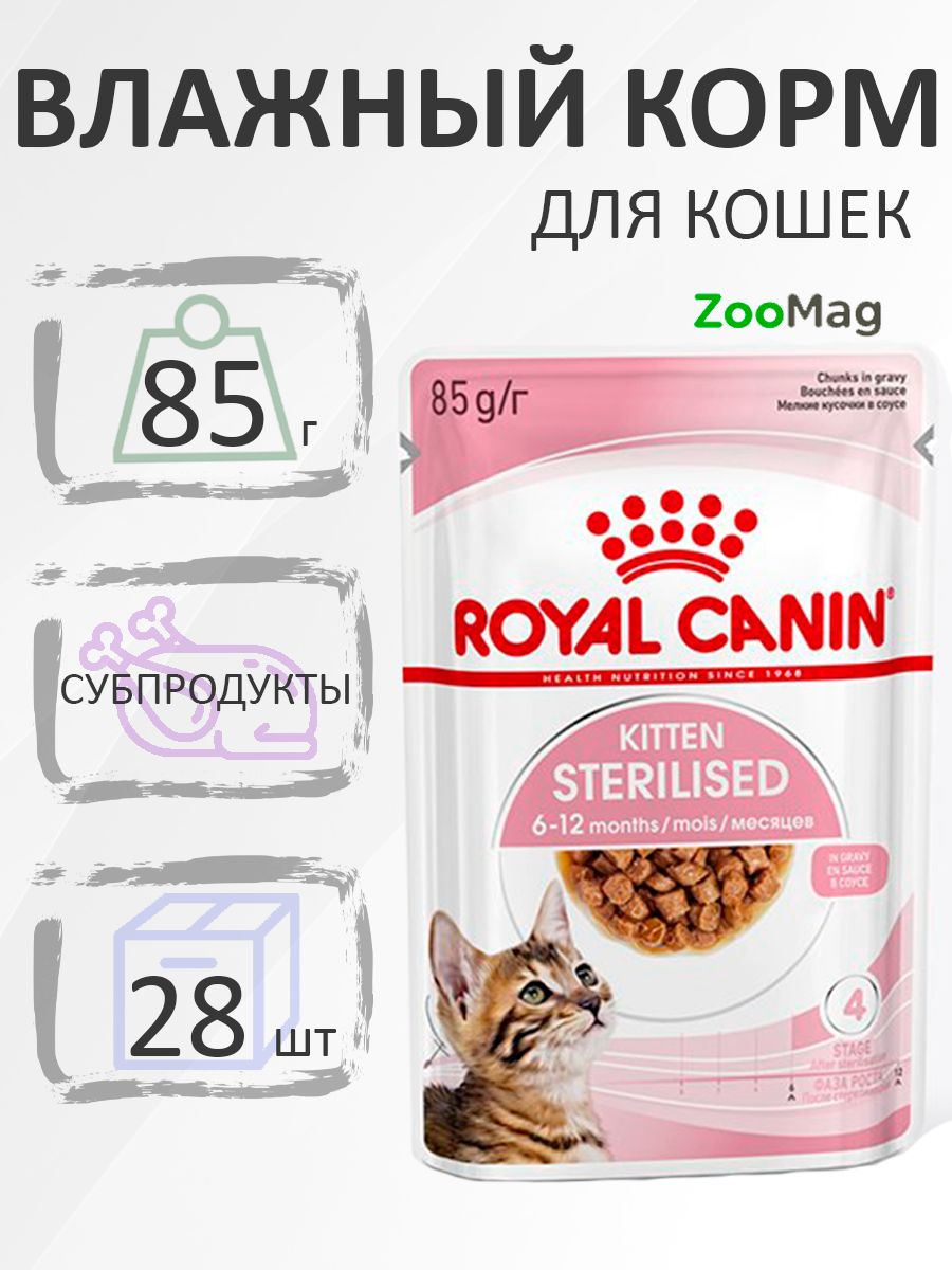 Royal Canin Kitten Sterilised / Влажный корм (Консервы-Паучи) Роял Канин Киттен Стерилайзд для Стерилизованных Котят в возрасте от 6 до 12 месяцев в Соусе, 85г х 28шт