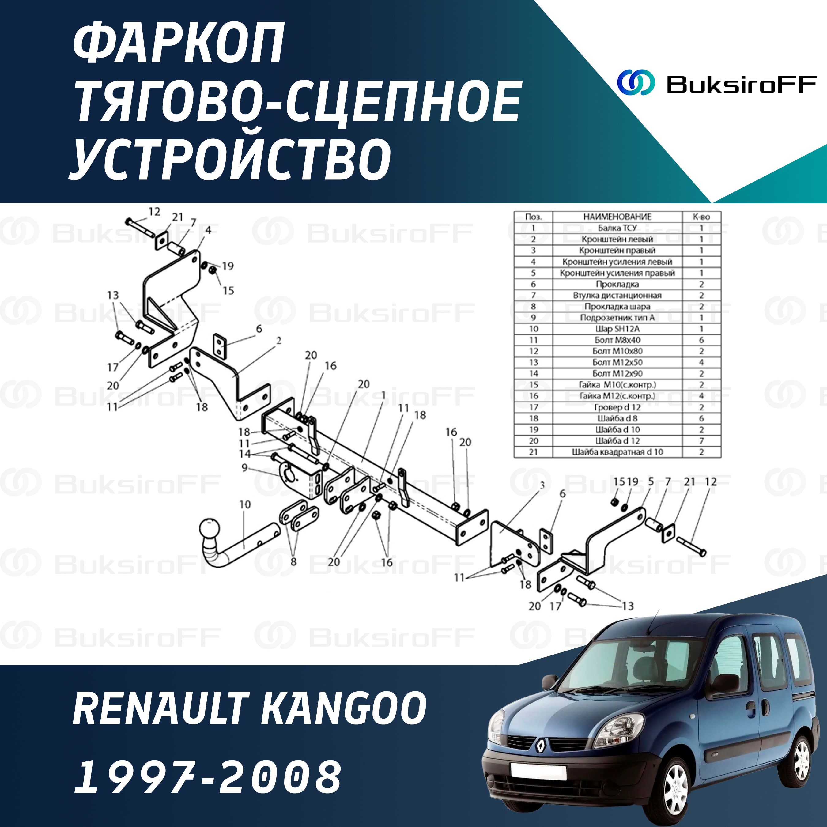 Фаркоп Leader Plus R106-A для RENAULT KANGOO 1997-2008 (без электрики)