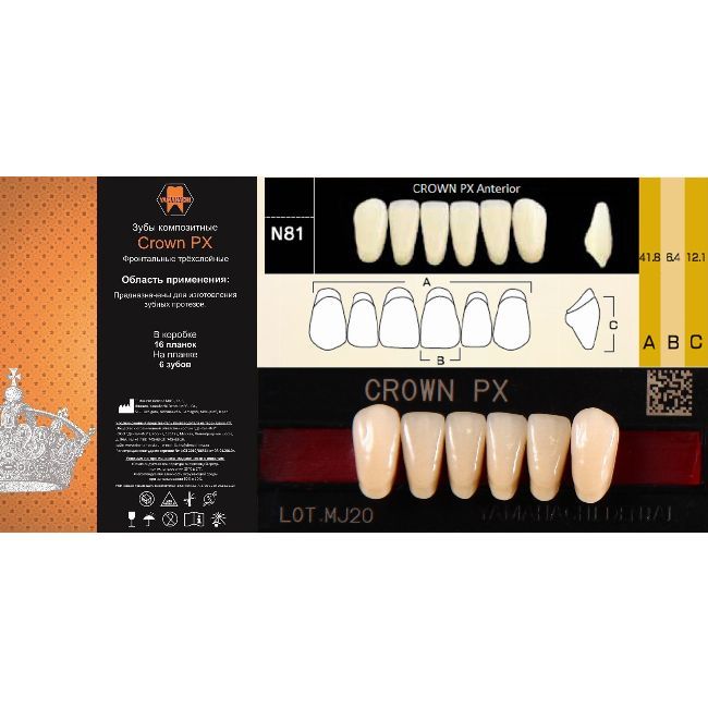Зубыкомпозитныетрёхслойные,вариантисполнения:PX,CROWNAnterior(фронтальныенижние),фасонN81цветB3,6шт.напланке.
