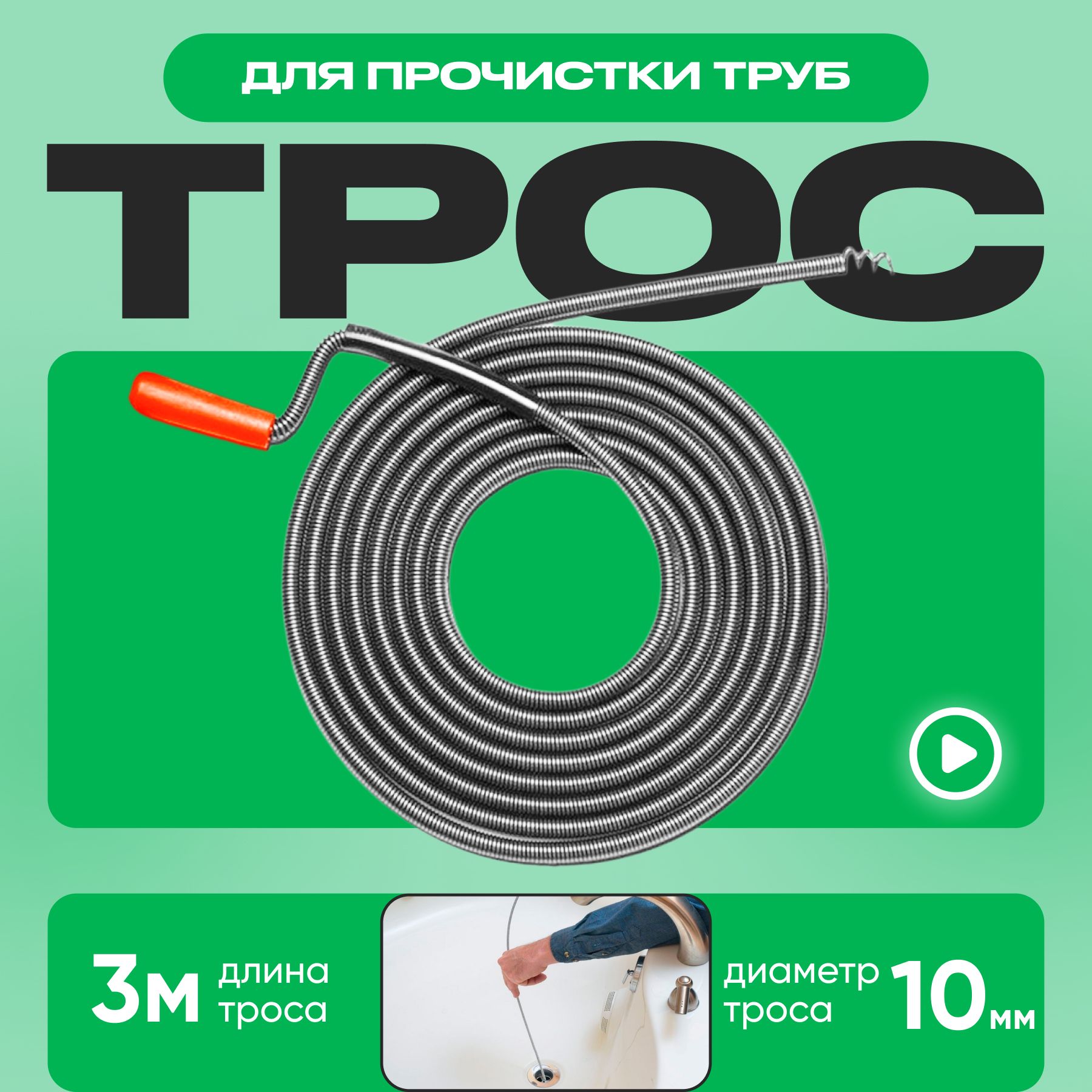 Трос для прочистки труб/ Трос сантехнический 3,0м* 10мм для устранения засоров в системе канализации / купить на OZON по низкой цене (1659212578)