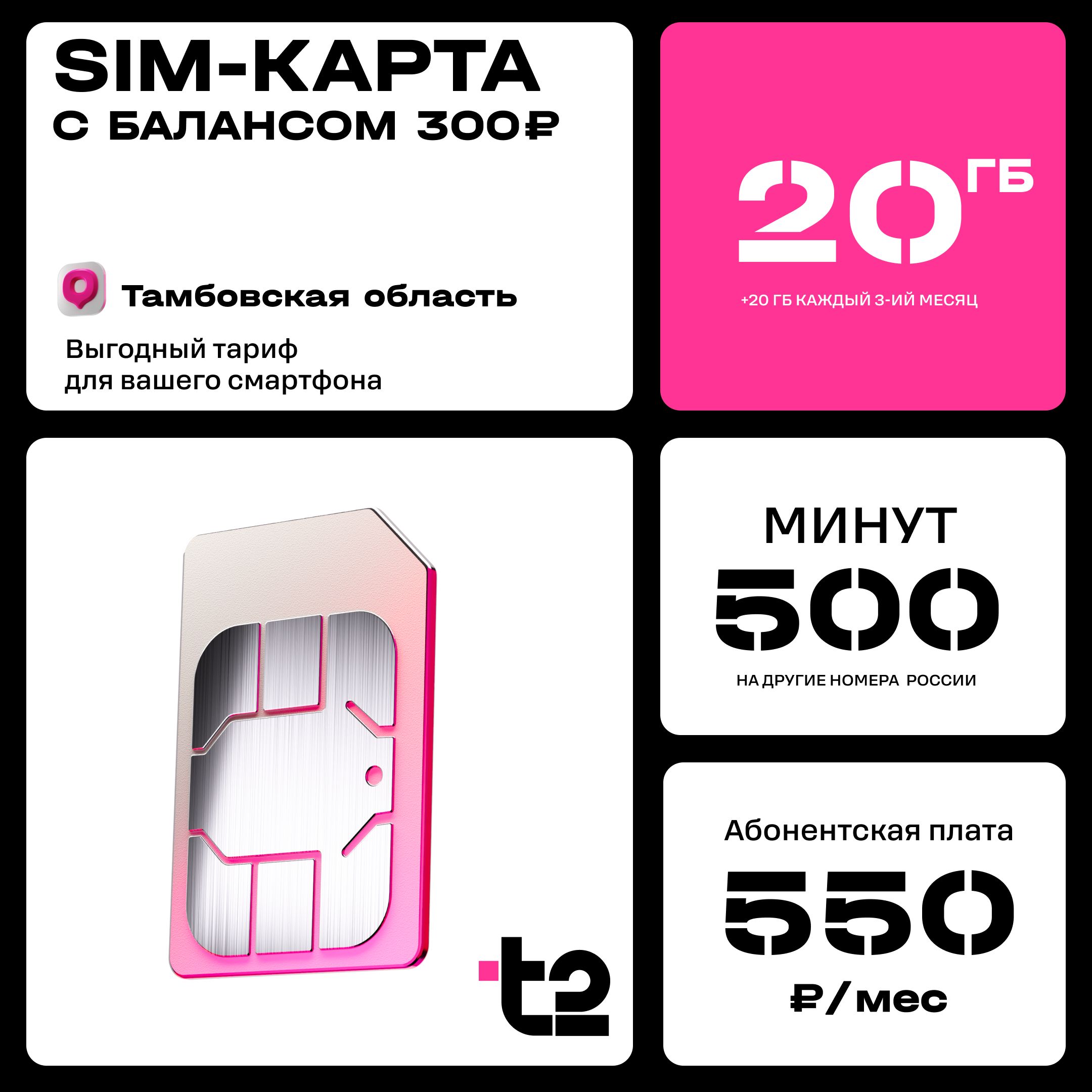 SIM-карта t2 "Мой онлайн", Тамбовская  область, Баланс 300 руб