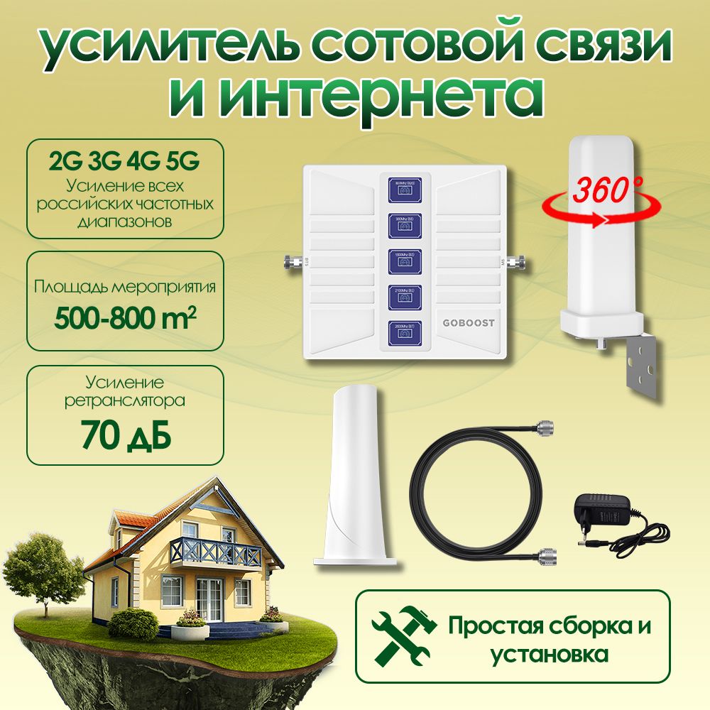 Усилитель сигнала сотовой связи Репитер 2G 3G 4G 800 900 1800 2100 2600 МГц LTE GSM 5-полосный GOBOOST