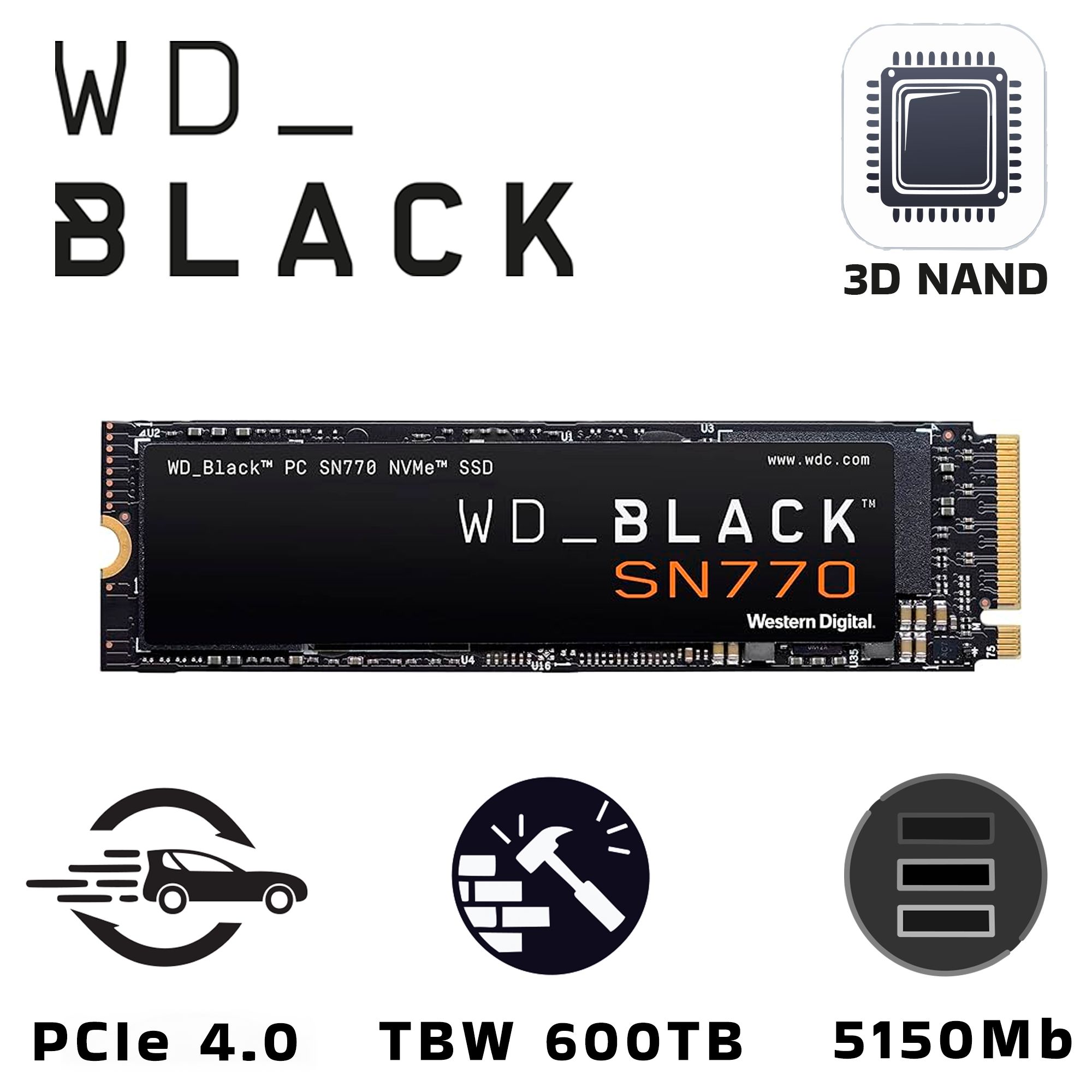 Western Digital 1 ТБ Внутренний SSD-диск SN770 3D NAND TLC (WDS100T3X0E)