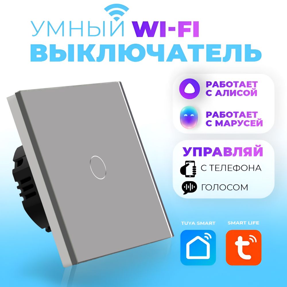 УмныйвыключательсенсорныйWIFI+RF433,серебро,стеклянный,умныйдомсАлисой,Марусейодноклавишный