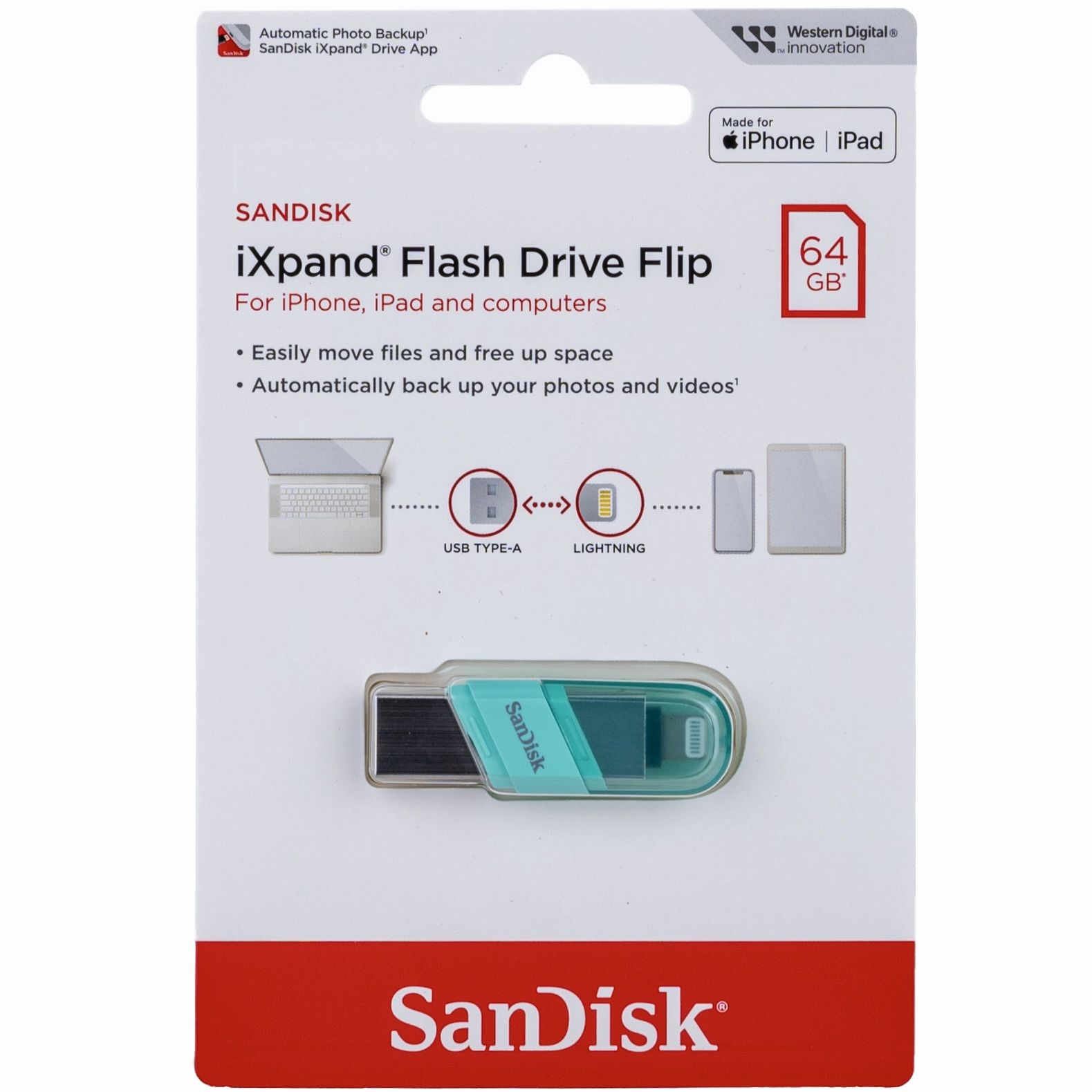 Флеш-накопитель(флэшка)SanDisk64ГБiXpandFlashDriveFlipUSB3.1дляiPhoneиiPadментол