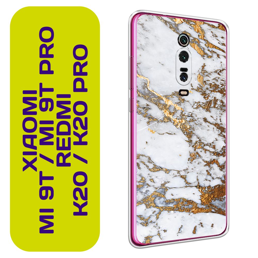 ЧехолнаСяомиРедмиК20/XiaomiRedmiK20/K20Pro/XiaomiMi9T/9TProспринтом"Белыймраморсрисункомзолота"