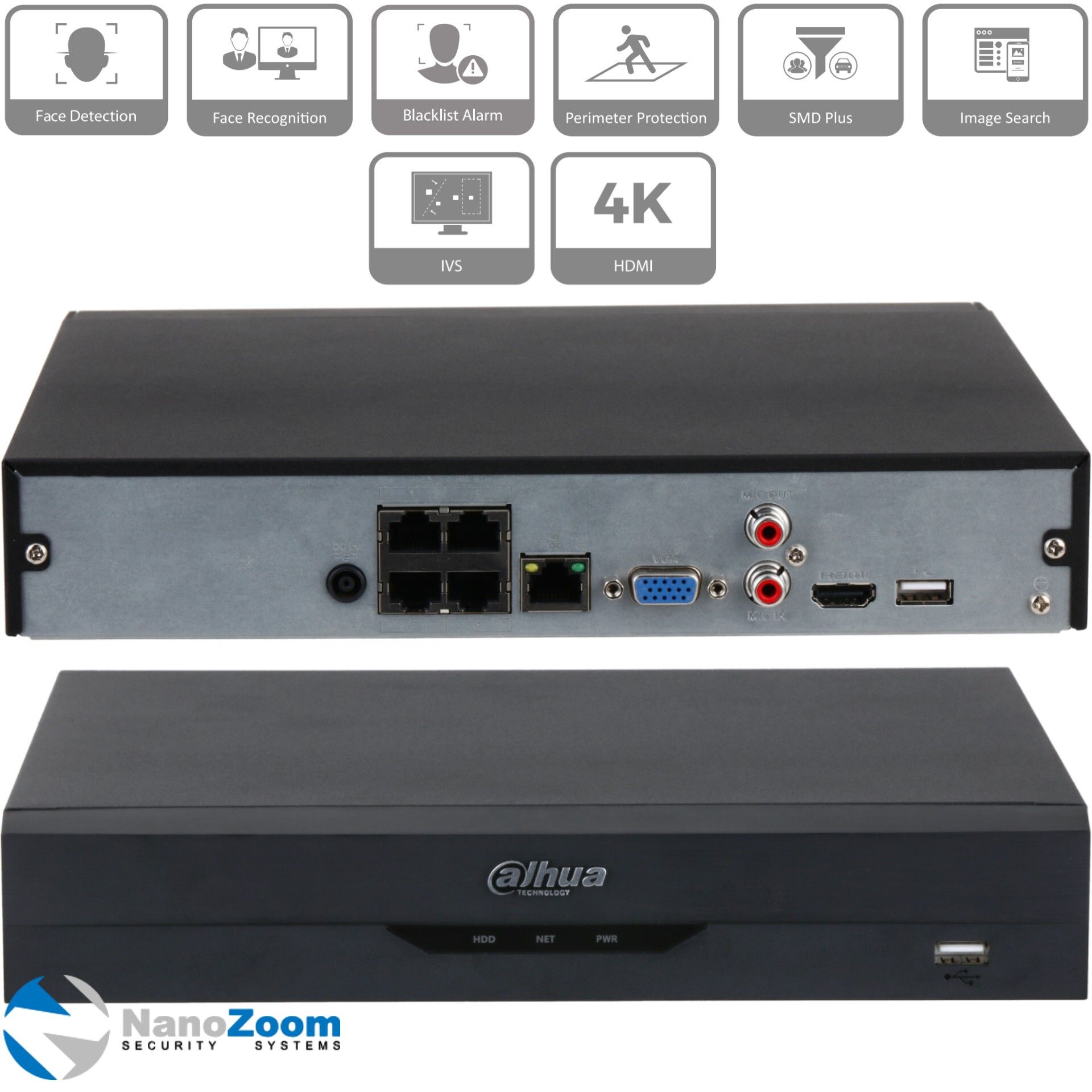 Dahua DH-NVR2104HS-P-I - 4 канальный видеорегистратор IP для камер видеонаблюдения, NVR регистратор сетевой с PoE