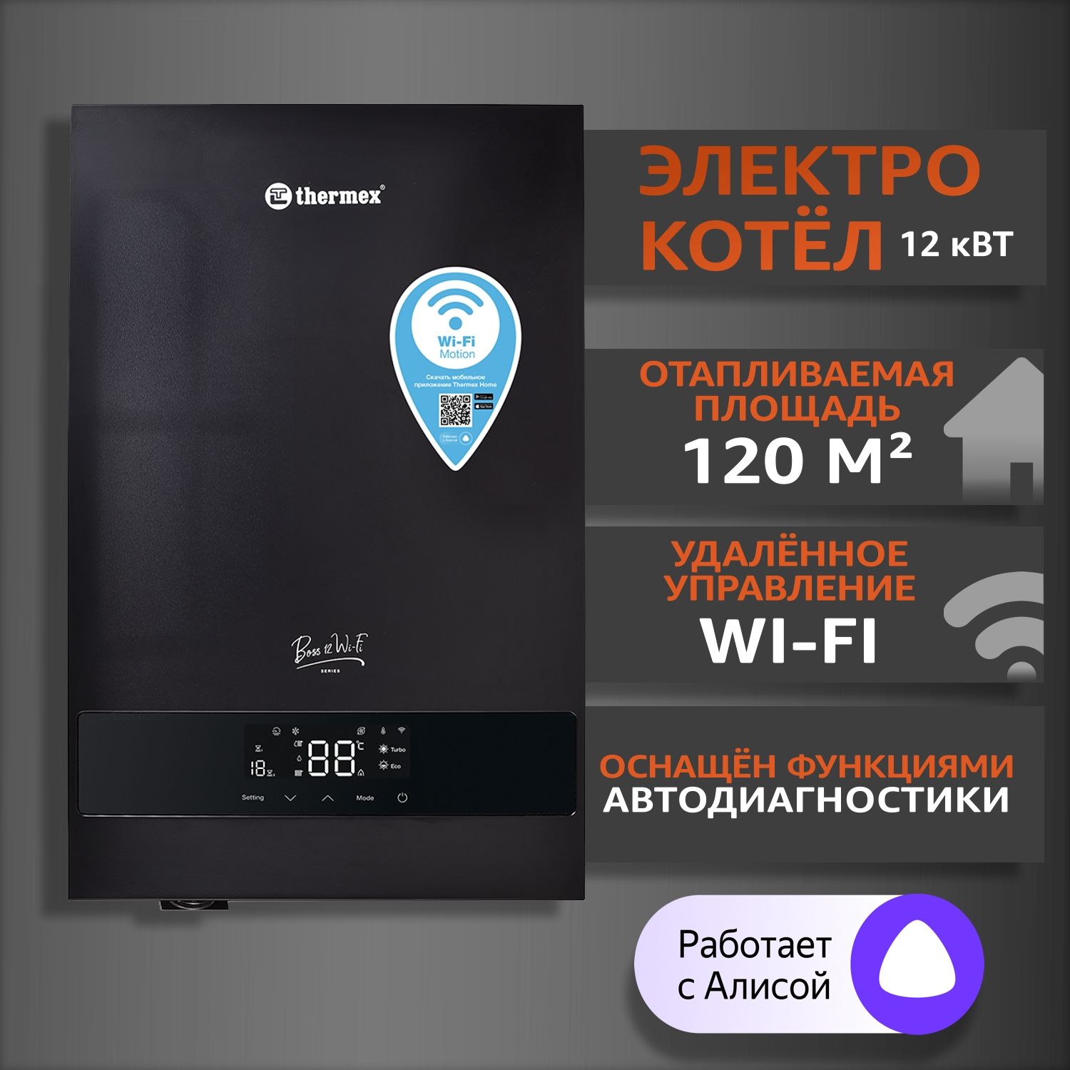 Электрический настенный котел THERMEX Boss 12 Wi-Fi черный