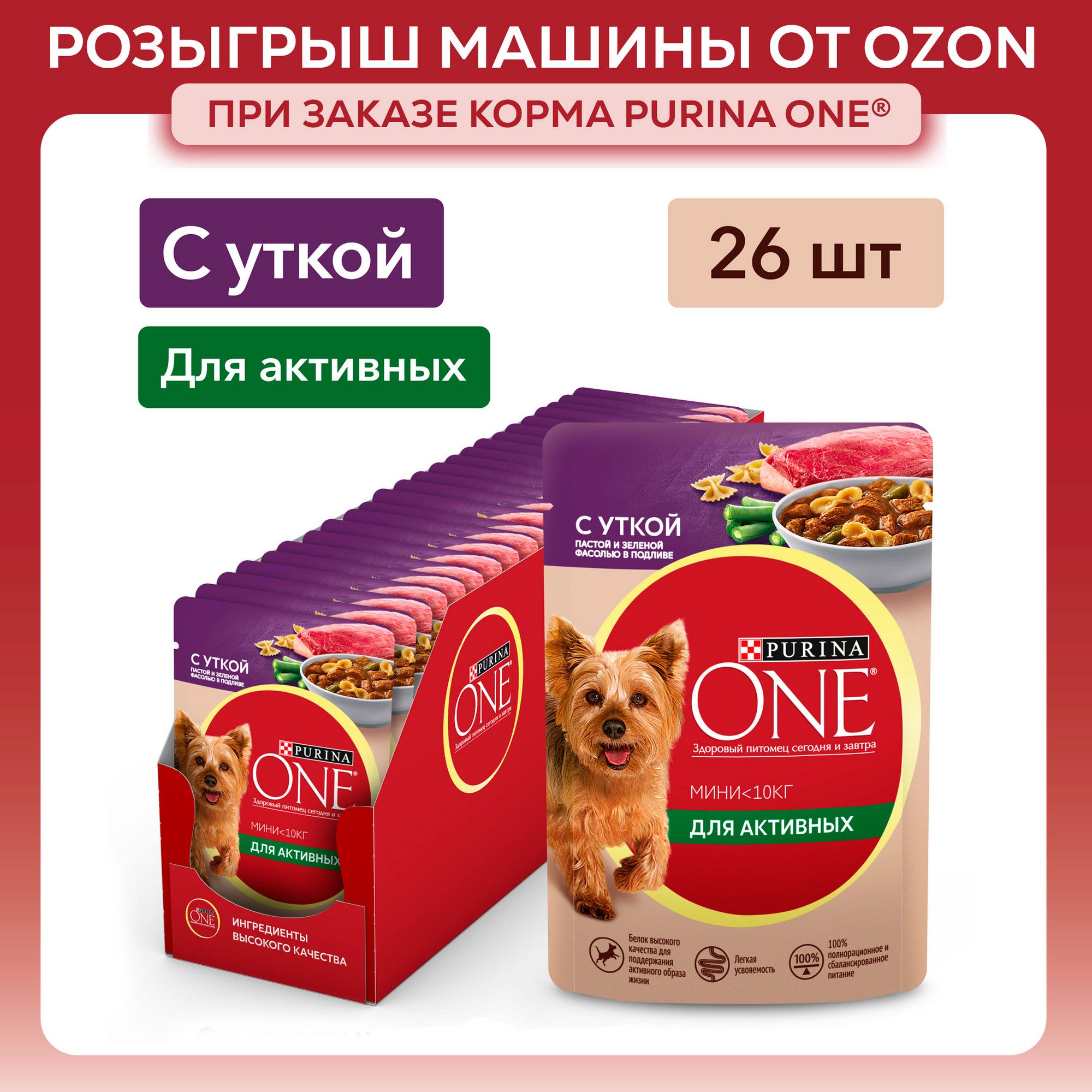 Влажный корм для собак Purina ONE МИНИ для мелких пород при активном образе жизни, в подливе с уткой, пастой и зеленой фасолью, 85 г x 26 шт