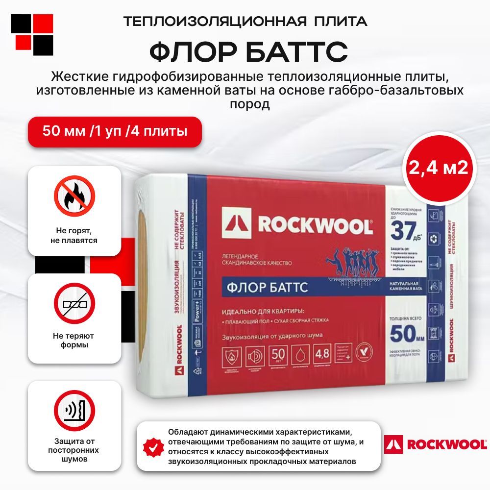 Rockwool Флор Баттс 50мм (1 уп /4 плиты /2,4 м2 ) утеплитель для балкона/лоджии, для пола, для фундамента/цоколя