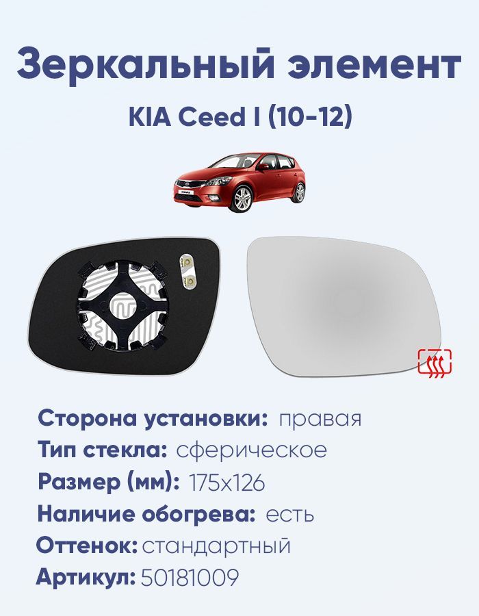 Зеркальный элемент правый KIA Ceed I (10-12) сфера нейтральный с обогревом