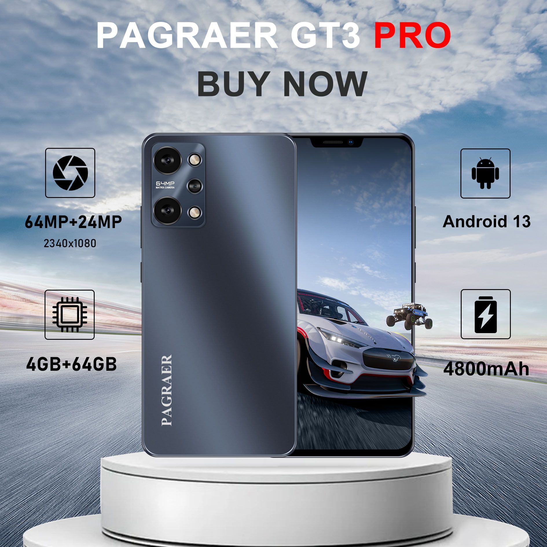 PAGRAERСмартфонGT3ProСмартфонГлобальнаярусскаяверсиядляЕС,сеть4G,Wi-FI+GPS+Bluetooth,двеSIM-карты,6,8дюйма,большойэкранвысокойчеткости,гибкаякамера,быстраязарядка,мощноеигровоеустройство,аккумуляторбольшойемкостиEUEU4/64ГБ,черный