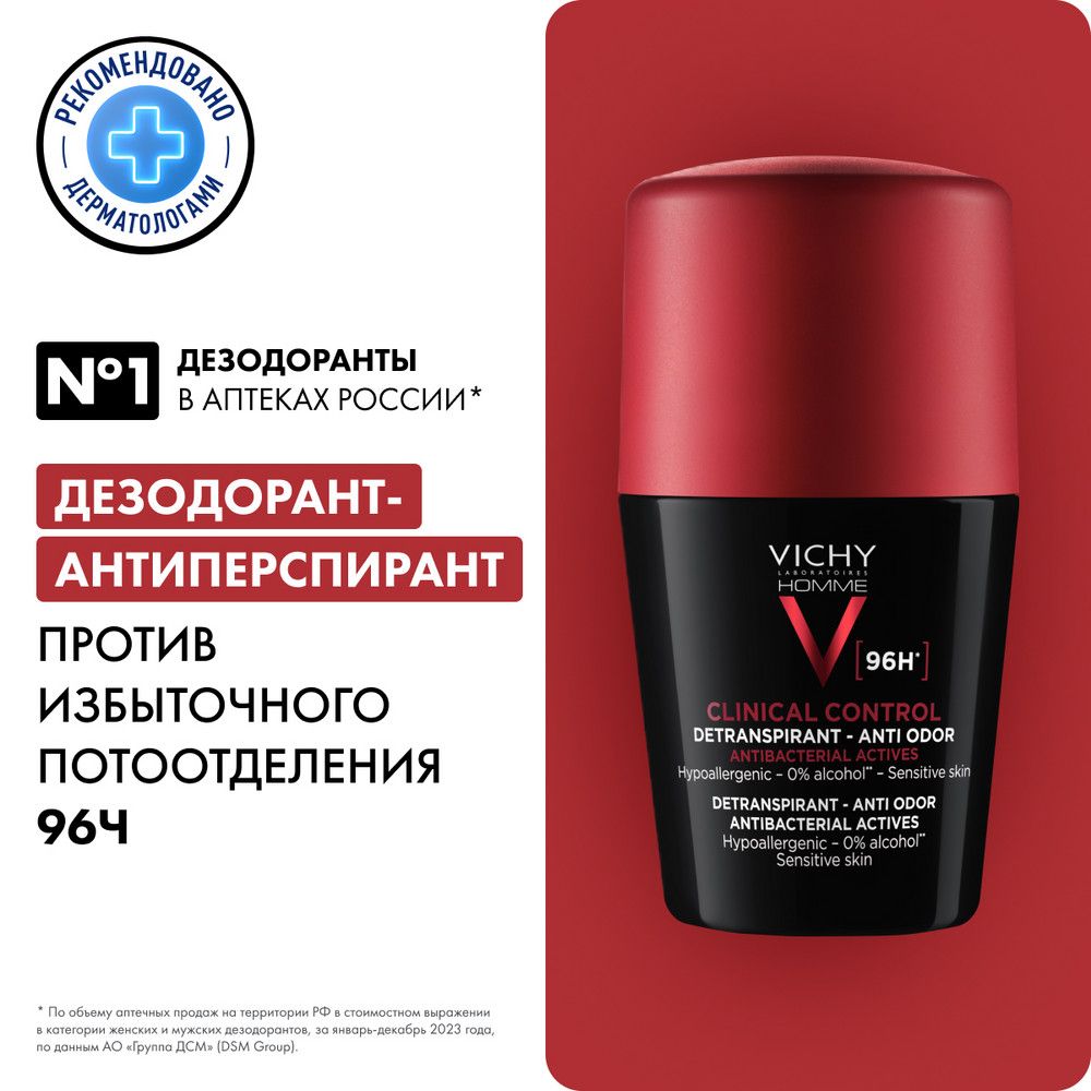 Vichy Homme Clinical Control Мужской дезодорант-антиперспирант от пота, 96 часов защиты, с цинком и перлитом, 50 мл