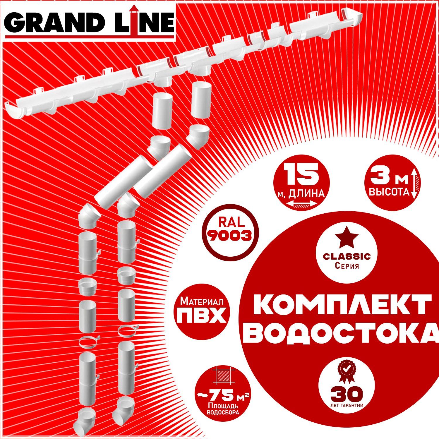 Комплект элементов водостока Grand Line на 15 м карниза (120мм/90мм) белый, водосточная система для крыши пластик Гранд Лайн ( RAL 9003 пломбир ) комплект ПВХ