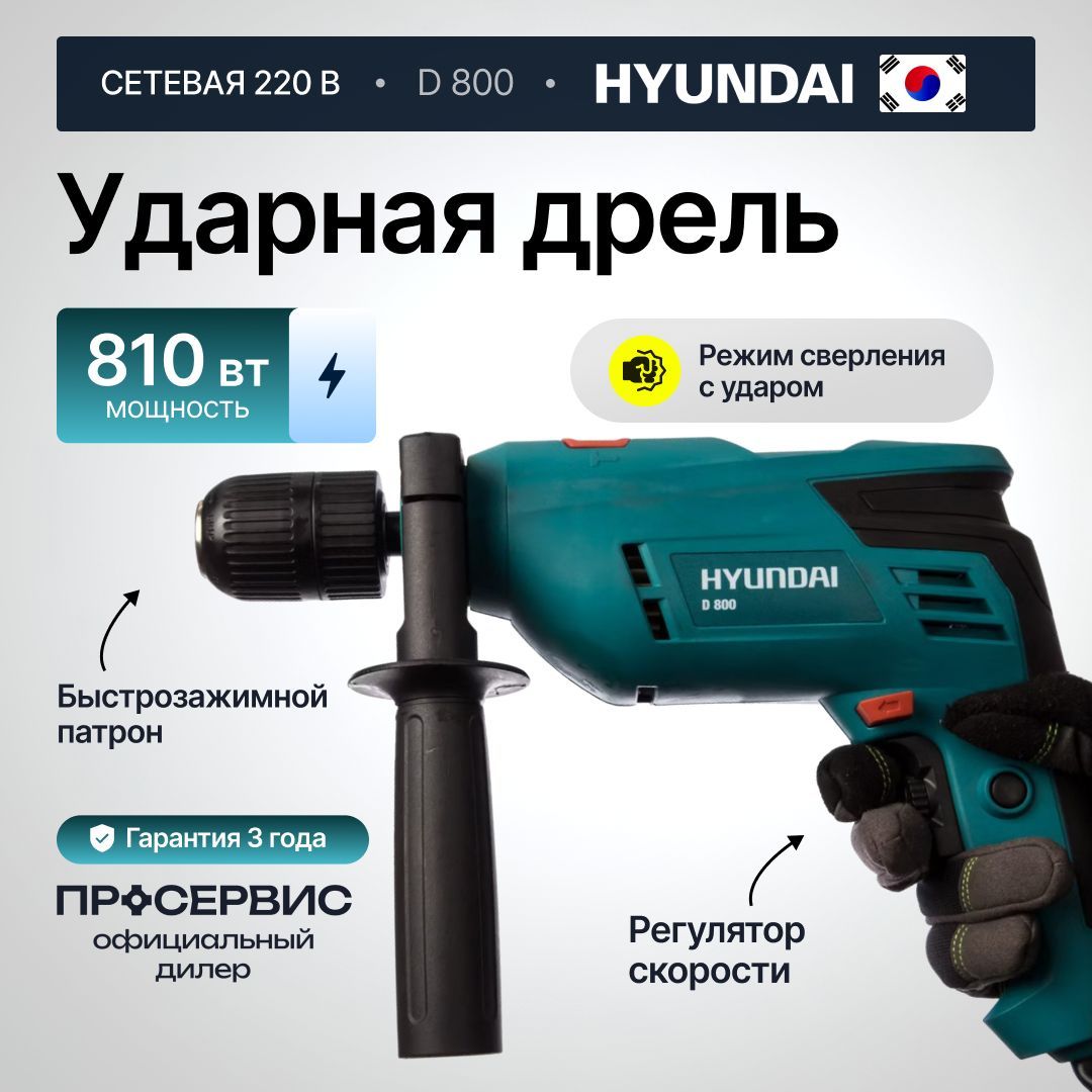 ДрельударнаясетеваяHYUNDAID800(810Вт,быстрозажимнойпатрон,2800об/мин,питаниеотсети220В),строительныйэлектроинструментручной