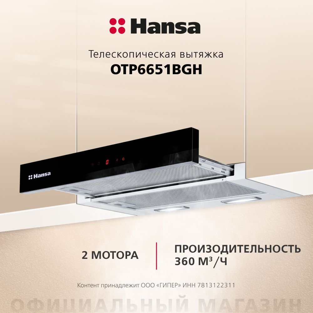 Вытяжка для кухни встраиваемая Hansa OTP6651BGH, 60 см, 3 скорости, с отсрочкой отключения, LED подсветка, сенсорное управление