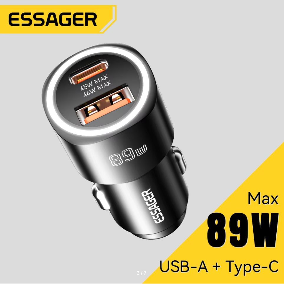 Автомобильное зарядное устройство Essager с двумя портами USB-C, 89 Вт