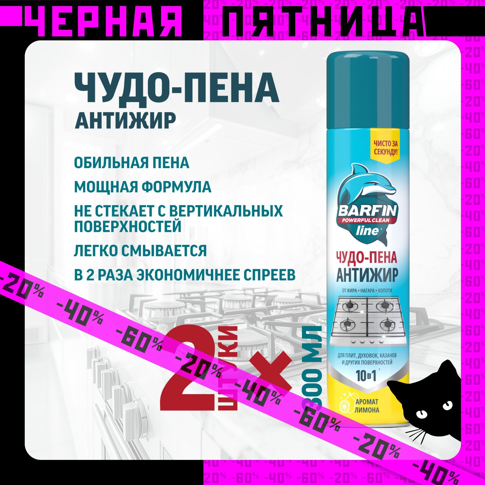 Чистящее средство для кухни Barfin Чудо пена Антижир 2 шт по 300 мл