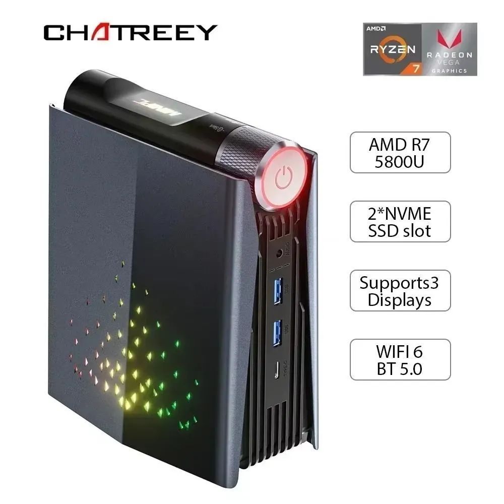 Chatreey Мини-ПК YAMR5 (AMD Ryzen 5 3580U, RAM 32 ГБ, SSD 1000 ГБ, AMD Radeon Graphics, Windows 11 Home), серый