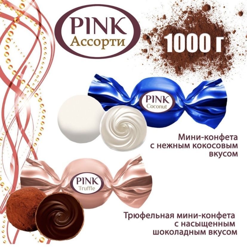 Конфеты "PINK" АССОРТИ Truffle +Coconut, пакет 1 кг, Пинк Ассорти Трюфель +Кокос с кремовойовой начинкойс кокосовым вкусом, глазированные, КФ "Сладкий орешек"