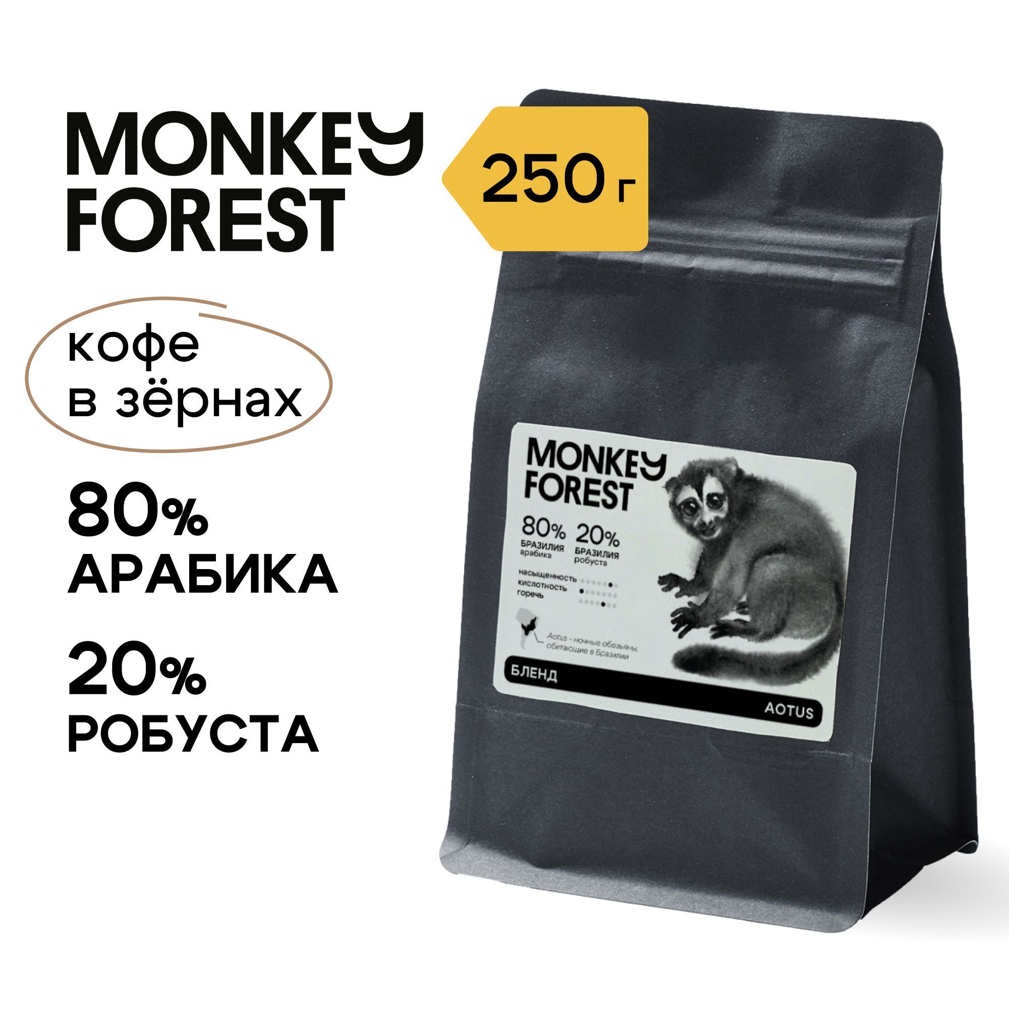 Кофе в зернах бленд для эспрессо 80% арабика / 20% робуста Monkey Forest Aotus 250 гр