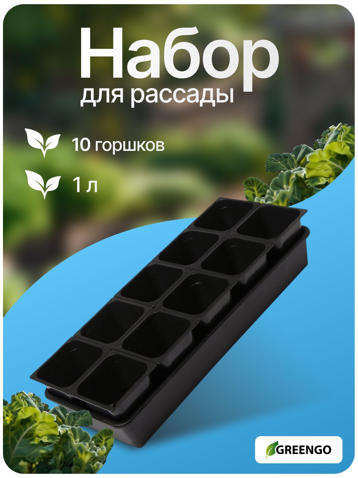 Пластиковые горшки для рассады, набор 10 штук (по 1 л) с поддоном (61 х 23 см), цвет чёрный