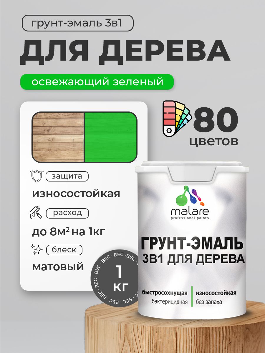Акриловая Грунт-Эмаль 3 в 1 Malare для деревянных поверхностей с антисептическим эффектом, быстросохнущая, моющаяся без запаха матовая, освежающий зеленый, 1 кг