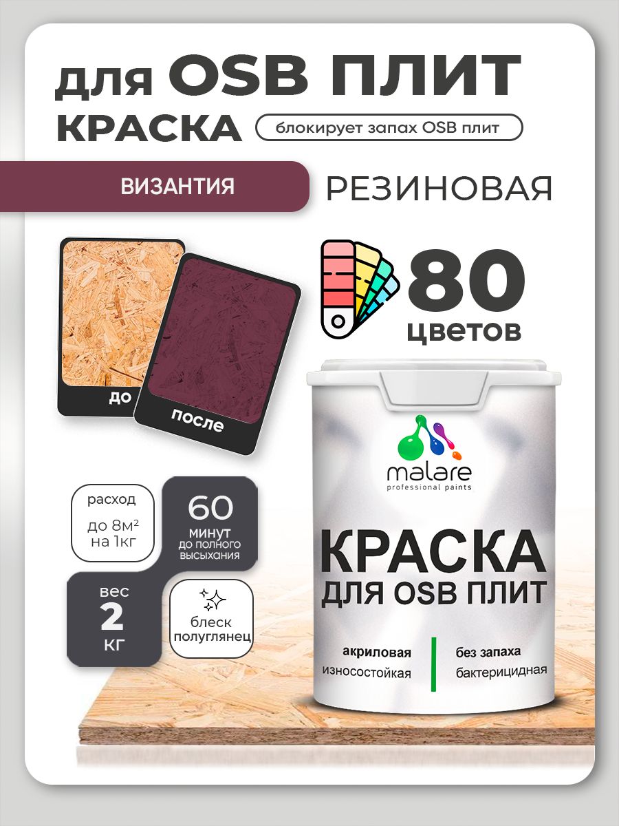 Резиновая краска для ОСБ плит Malare акриловая краска для дерева для наружных и внутренних работ, быстросохнущая без запаха полуглянцевая, византия, 2 кг