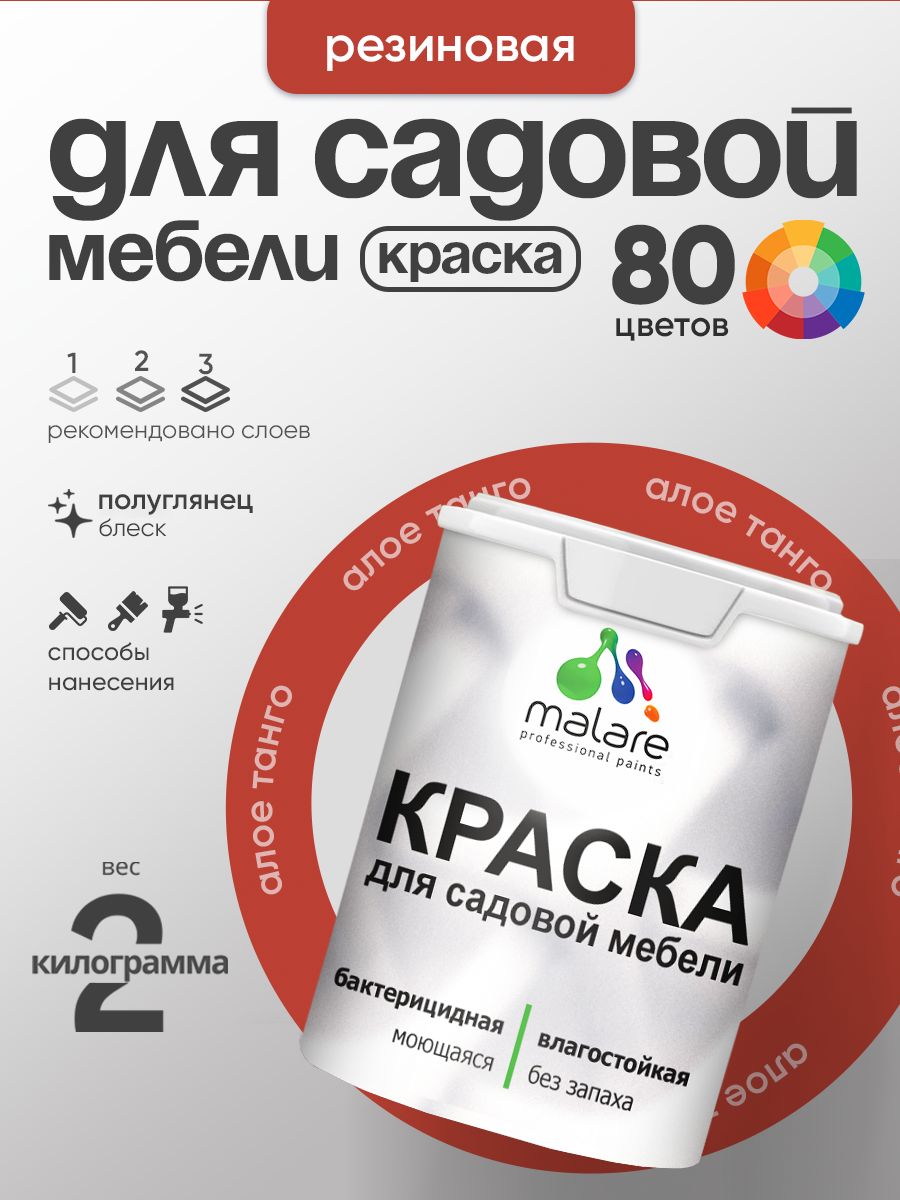 Резиновая краска Malare для садовой мебели/ по дереву, для наружных и внутренних работ/ быстросохнущая моющаяся без запаха полуглянцевая, алое танго, 2 кг