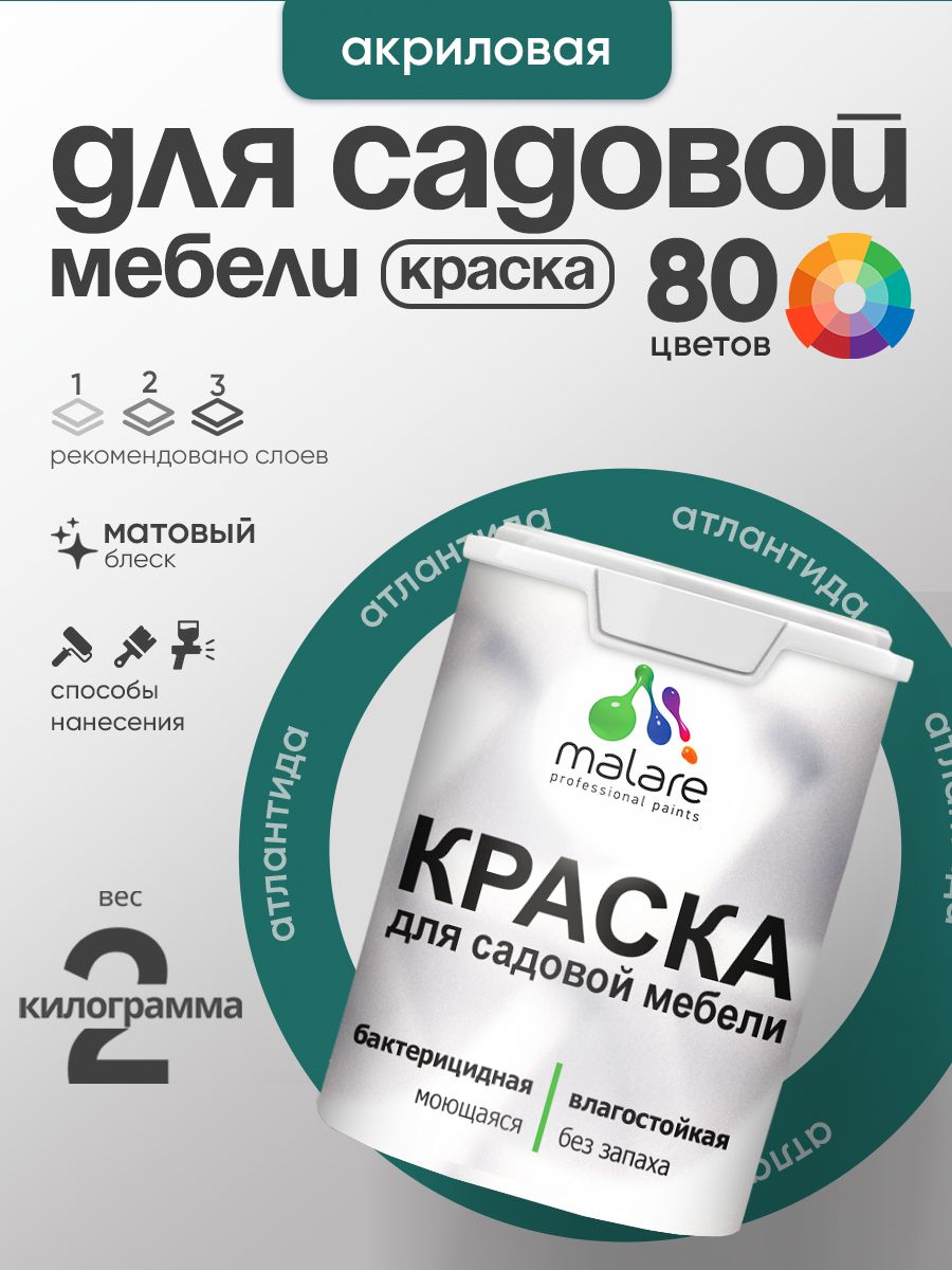 Акриловая краска Malare для садовой мебели/ по дереву, для наружных и внутренних работ/ быстросохнущая моющаяся без запаха матовая, атлантида, 2 кг