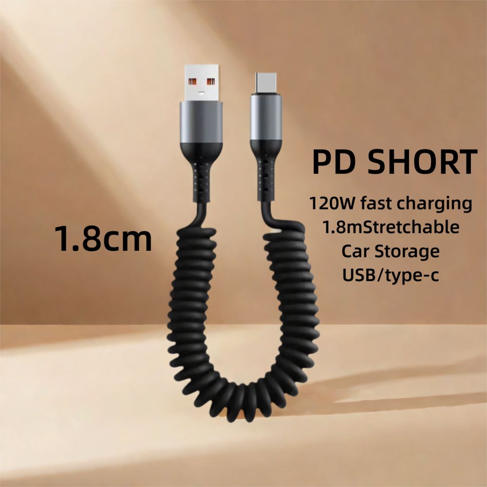 КабельдлябыстройзарядкиTYPEC120Wсдвойнымнаконечником,пружинный,автомобильный6Aвыдвижнойкабельдляпередачиданных