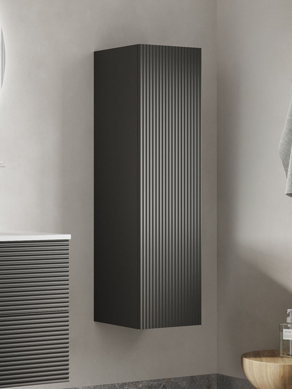 Фото товара на маркетплейсе ozon Шкаф-пенал для ванной подвесной, с полками, 30 см, темно-серый, Bild, IDDIS, BIL30G0i97