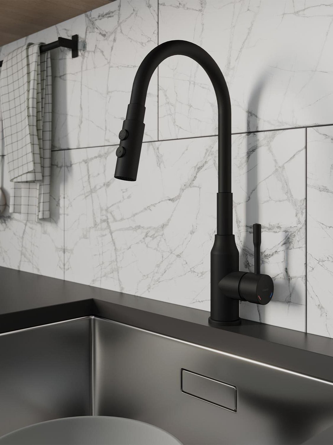 Фото товара на маркетплейсе ozon Смеситель для кухни Milardo с гибким изливом и душевой насадкой, черный матовый, Meal, M01BL2FM05