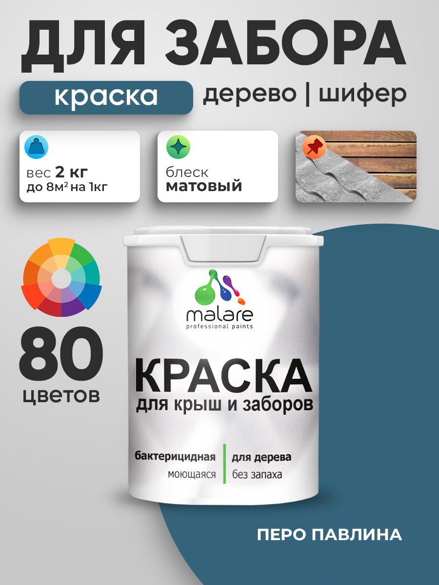 Резиновая краска Malare для деревянного забора/ по дереву для наружных и внутренних работ/ быстросохнущая моющаяся без запаха полуглянцевая, перо павлина, 2 кг.