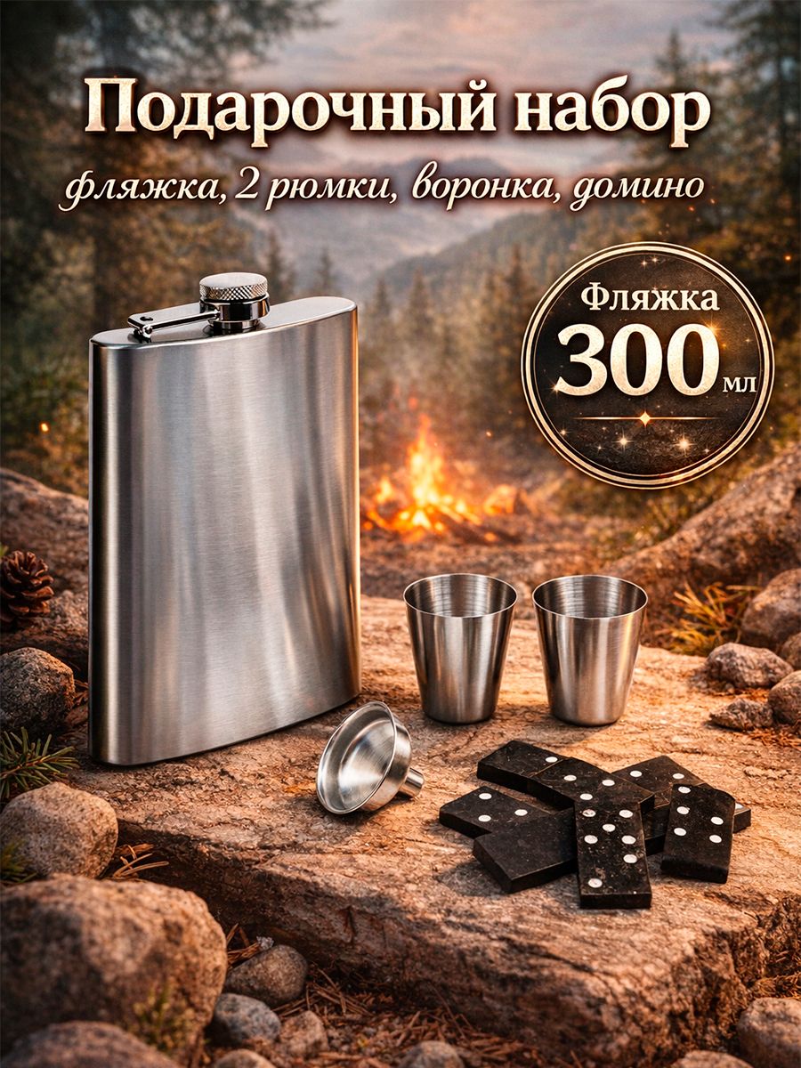 Подарочный набор 5 в 1, фляжка 300 мл, рюмки 30 мл, воронка, домино