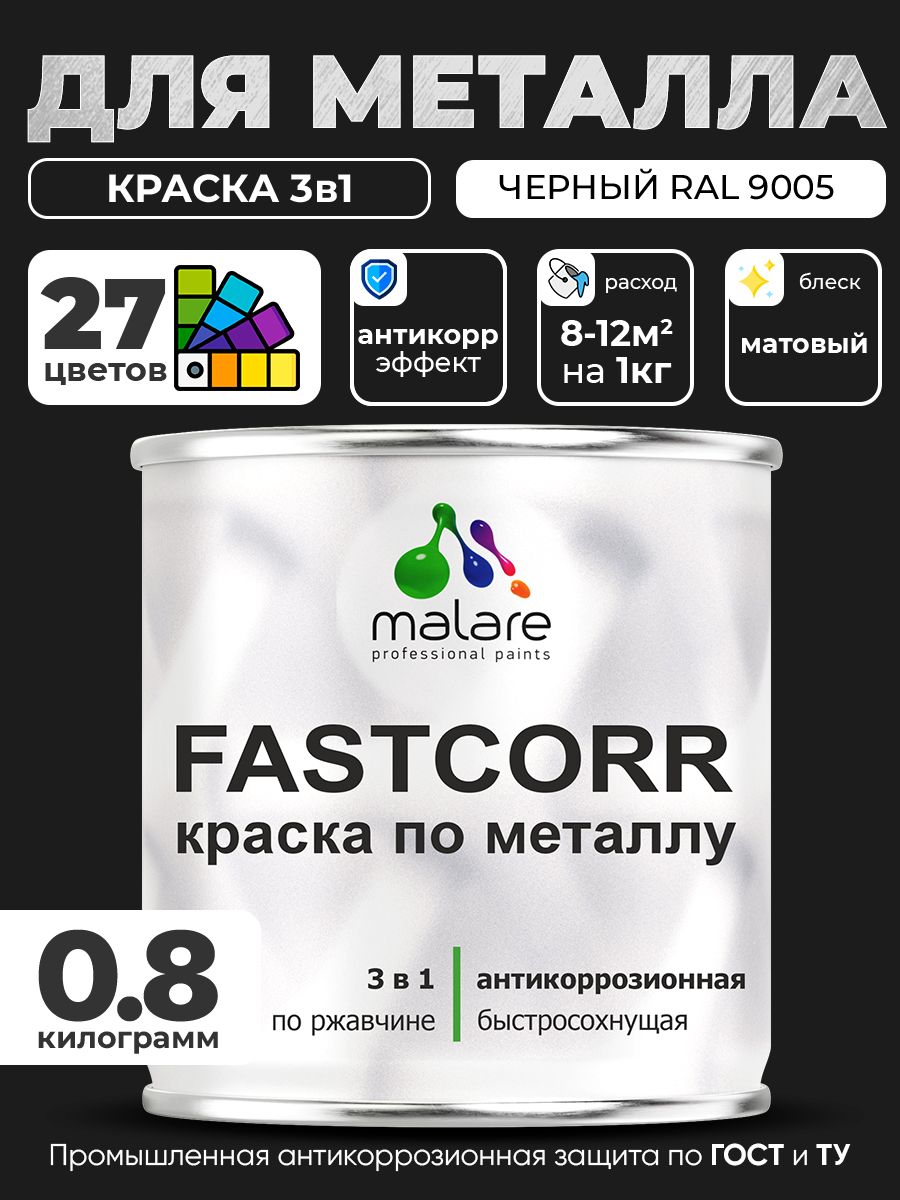 Краска для металла по ржавчине Malare FastCorr, для наружных работ износостойкая, быстросохнущая RAL 9005, черный, матовая, 0,8 кг