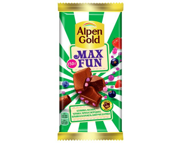 Шоколад молочный ALPEN GOLD Max Fun c фруктово-ягодными кусочками со ...