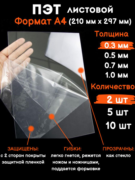 Прозрачный листовой пластик для творчества Пэт формат А4 0.3 мм, 2 шт ...