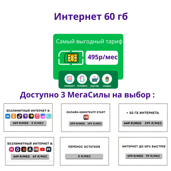 SIM-карта 60 гб /495 руб.мес/сим карта - купить с доставкой по выгодным ...