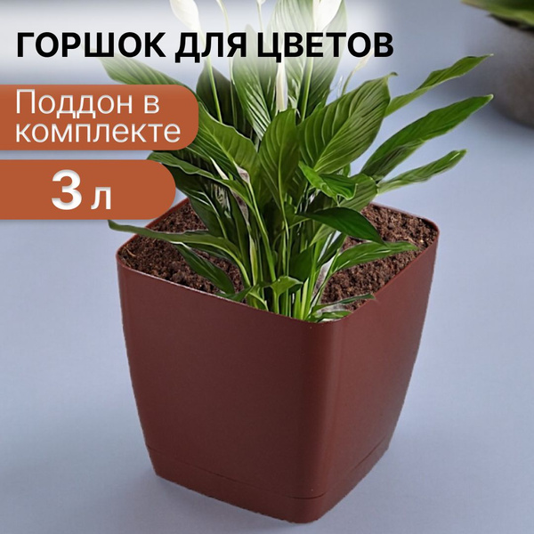 Кашпо для цветов квадратное 3 л коричневый с поддоном - купить с ...