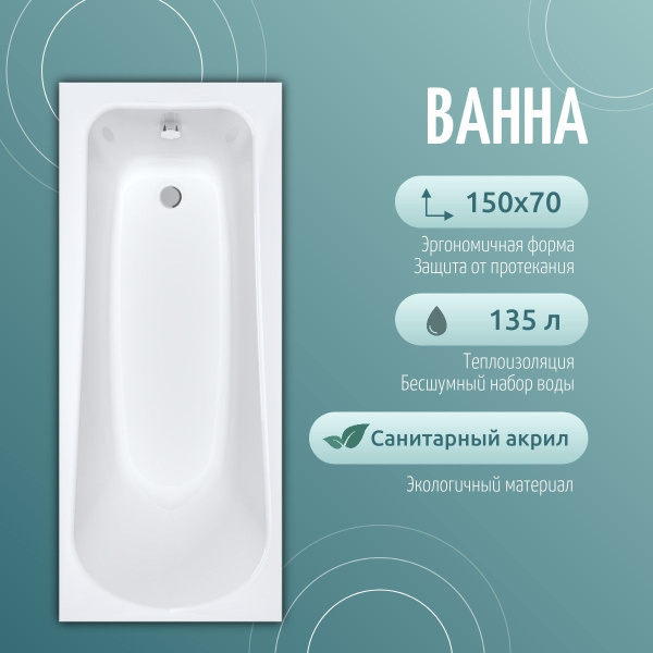 Ванна акриловая Европа 160х70 пристенная с каркасом и лицевым экраном ...