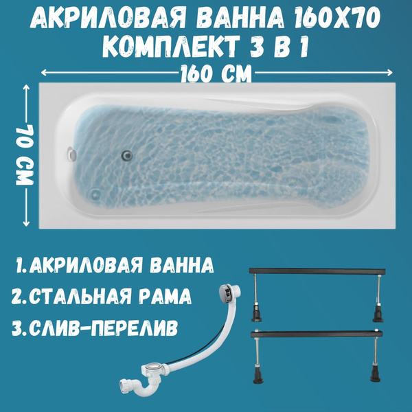 Ванна акриловая 160х70 см 1MARKA CLASSIC в наборе 3 в 1: Прямоугольная ...
