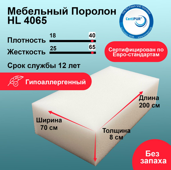 Поролон HL 4065 лист 80x700x2000мм сверхжесткий, мебельный эластичный ...