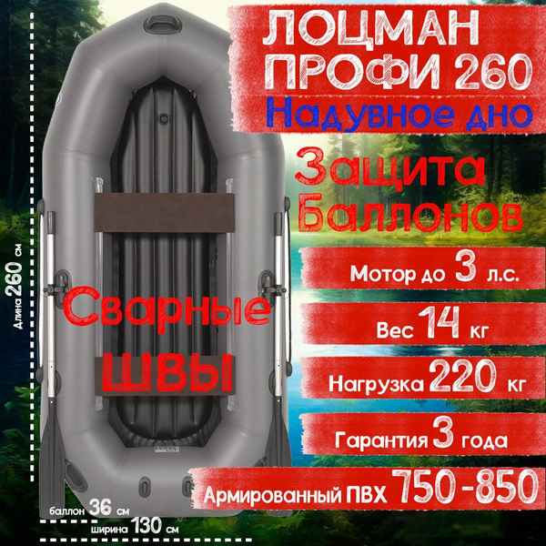 Гребная лодка Лоцман Профи 260 Серая, Надувное дно - купить по выгодной ...