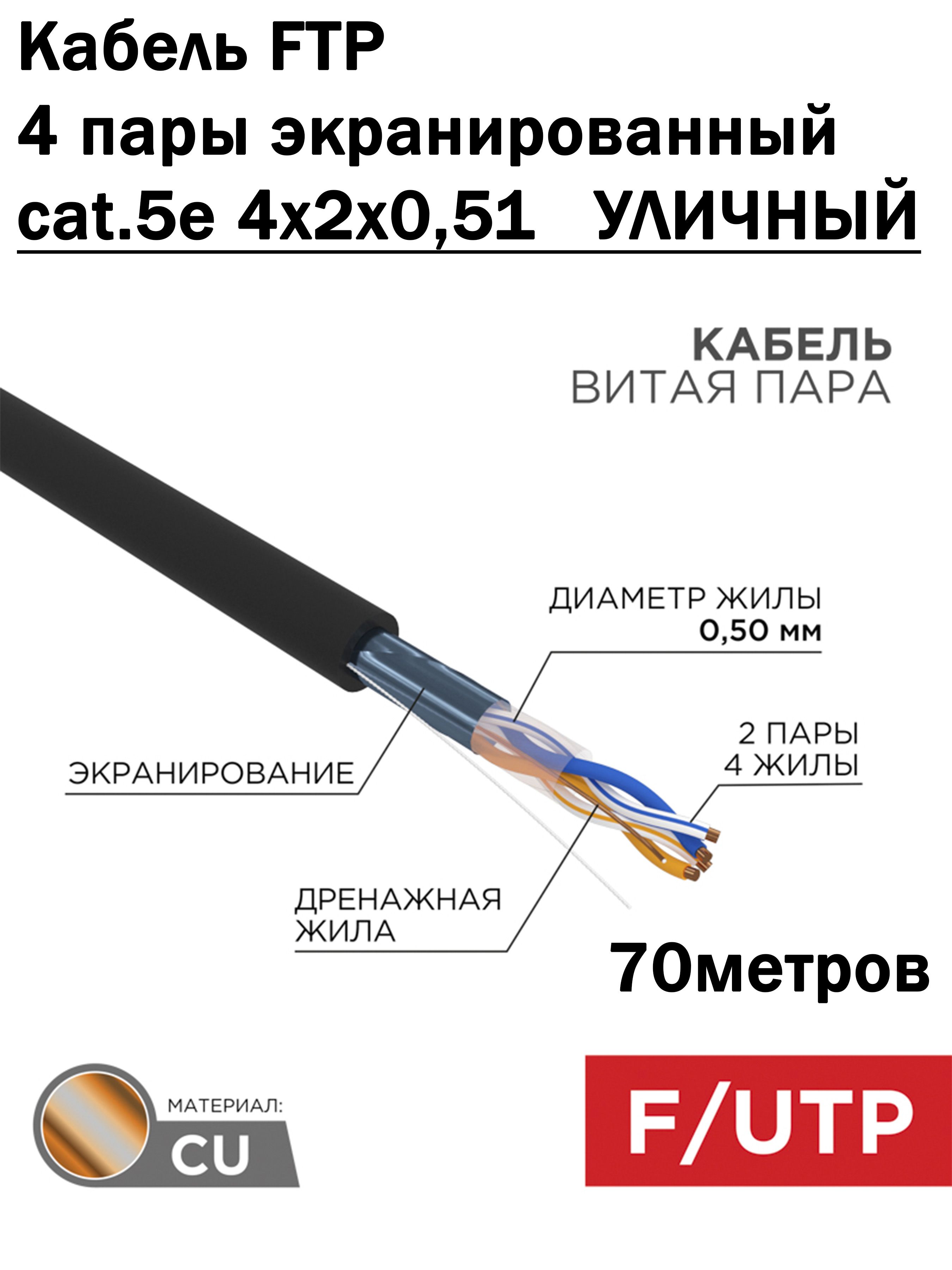 ИнтернетКабельFTP4парыэкранированныйcat.5e4x2x0,51,уличный,PE(70м)Россия