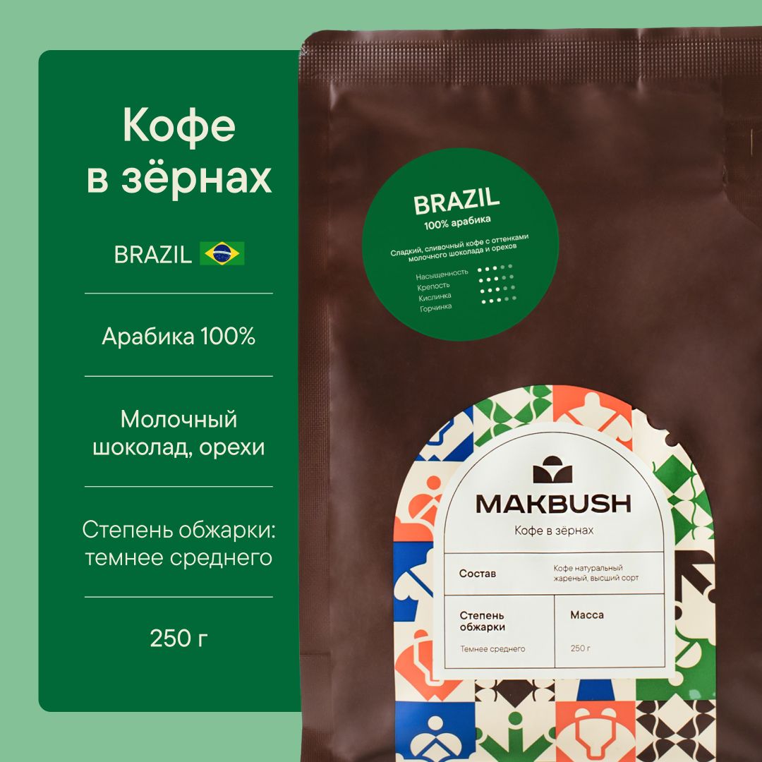 Кофе в зернах MakBush BRAZIL 250 гр, Арабика 100%, натуральный, свежеобжаренный