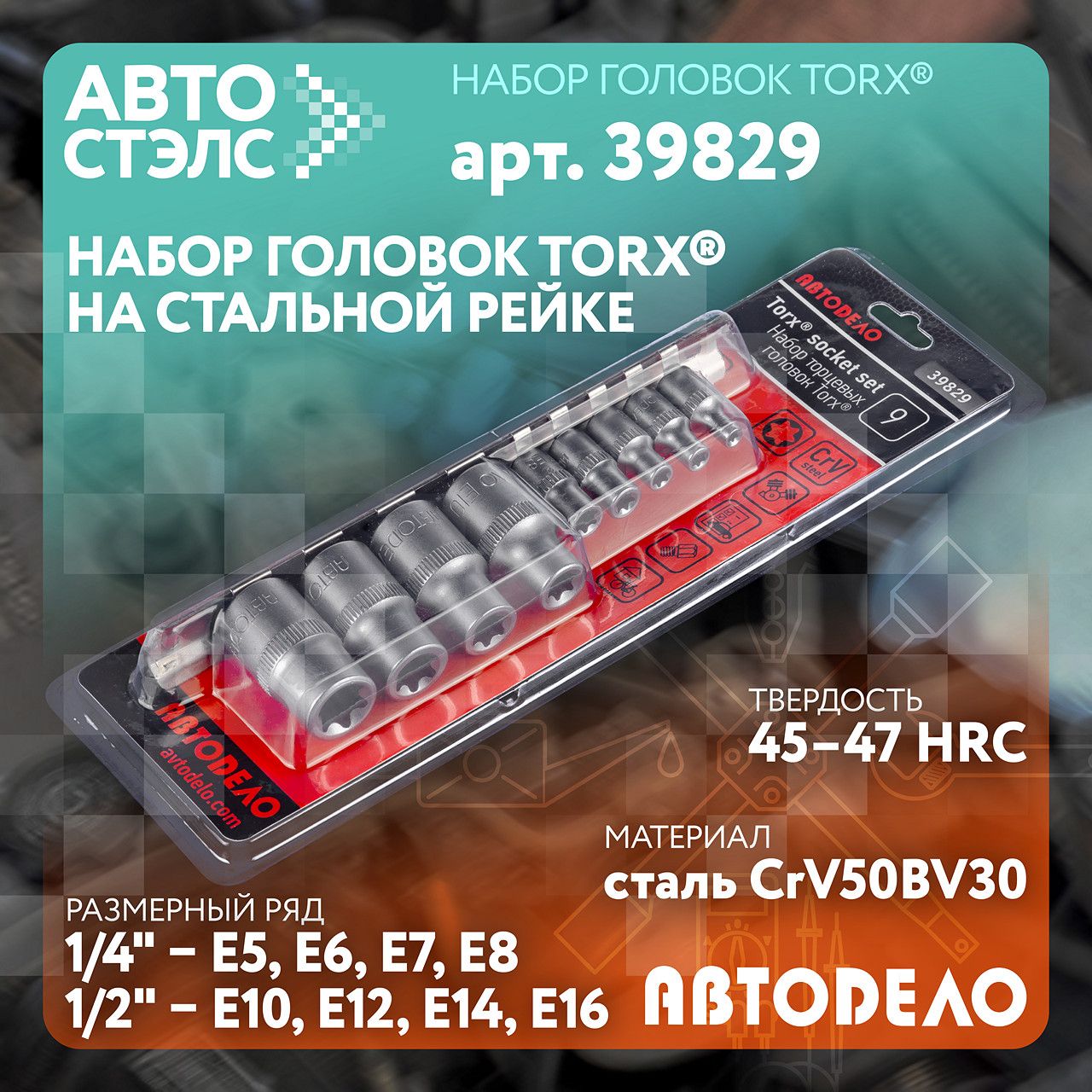 Набор головок TORX E4-E16 DR1/4"+1/2" 9 шт. на планке АвтоDело 39829