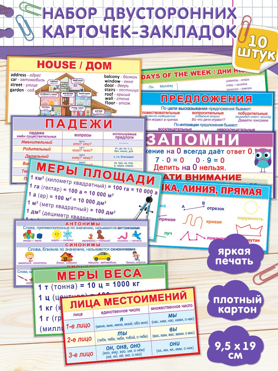 Набор карточек-закладок для детей начальной школы 3-4 класс, двусторонние шпаргалки